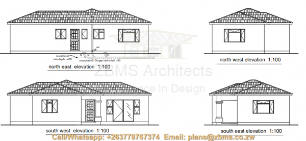 2 bedroomed cottage house plan, with bath and toilet combined, kitchen, entry hall, lounge, entrance porch, grano, passage and biuld in cupboards for the two bedrooms elevations