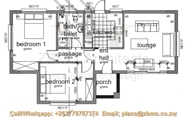 2 bedroomed cottage house plan, with bath and toilet combined, kitchen, entry hall, lounge, entrance porch, grano, passage and biuld in cupboards for the two bedrooms floor
