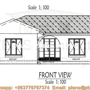 3 bedroomed cottage house plan with kitchen, lounge, sitting room, verandah, passage, inside bathroom and toilet, fittings, built in cupboards elevation plans
