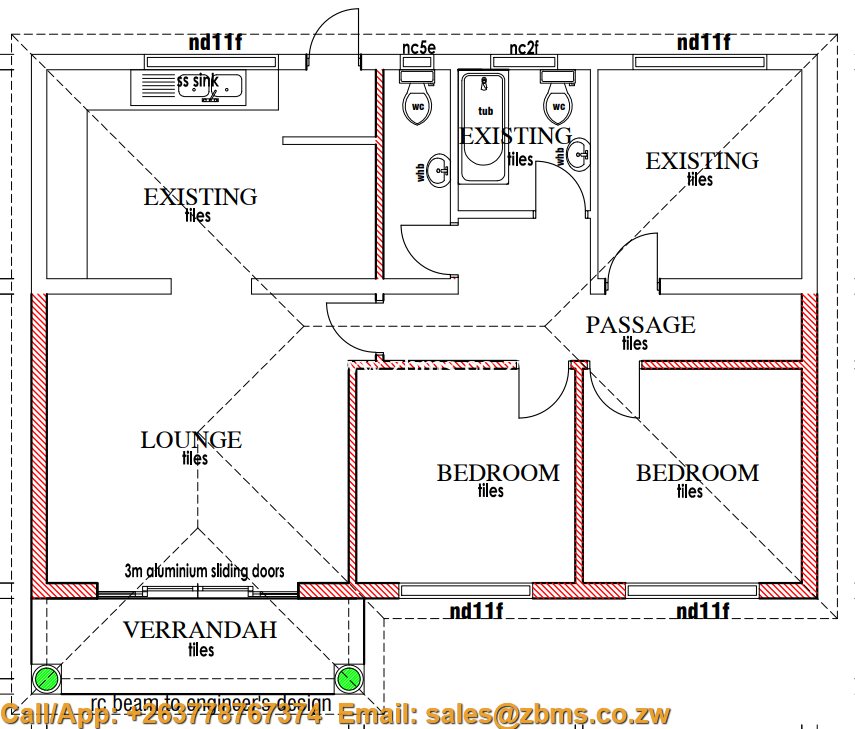 3 bedroomed cottage open house plan with kitchen bath room and 2 toilets plus passage and lounge (1)