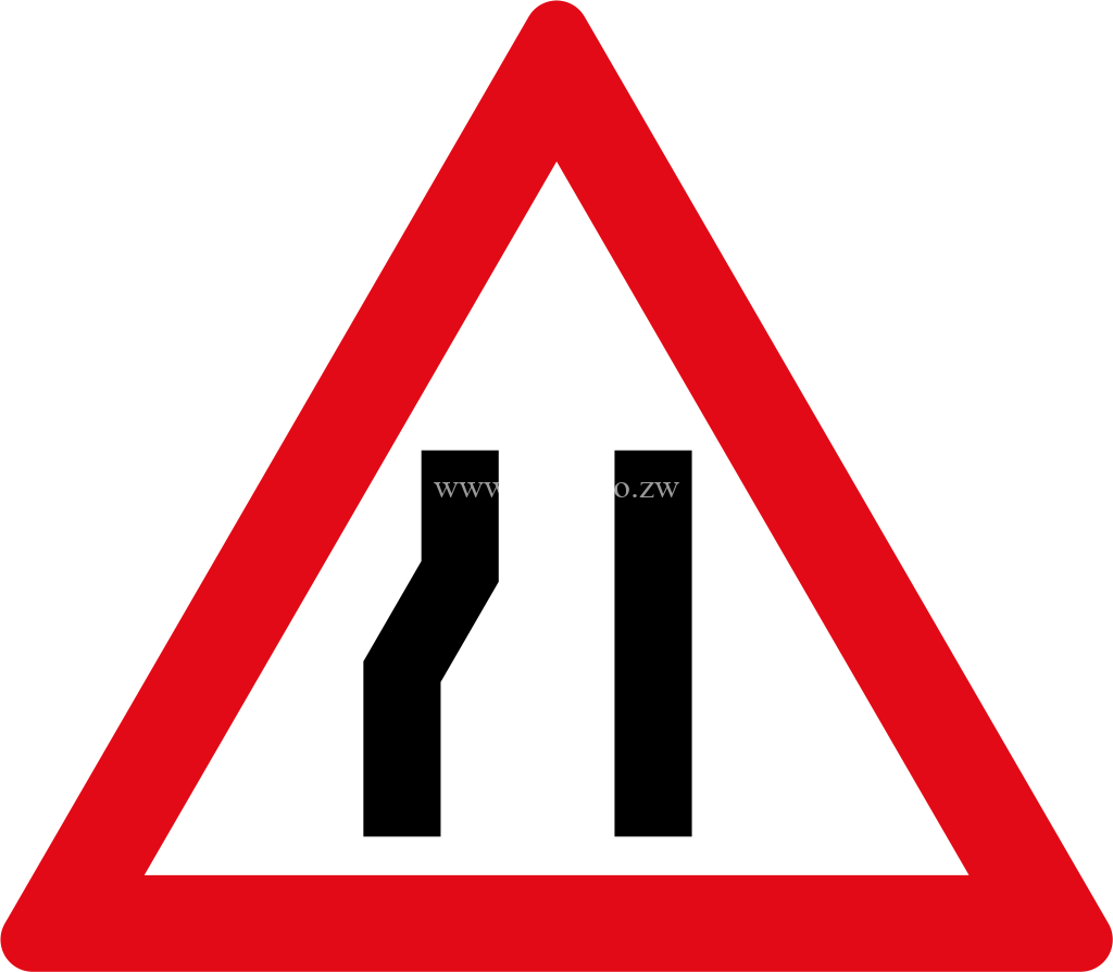 Roadway narrows from the left side ahead road sign