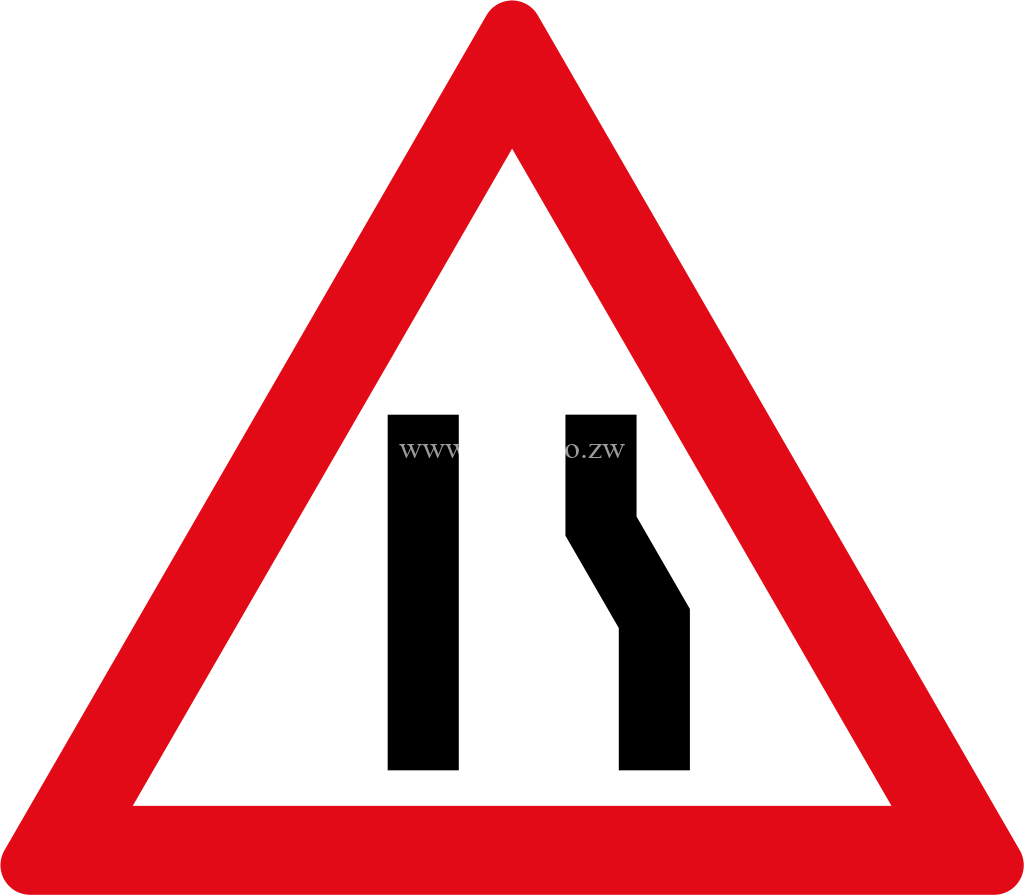 Roadway narrows from the right side ahead road sign